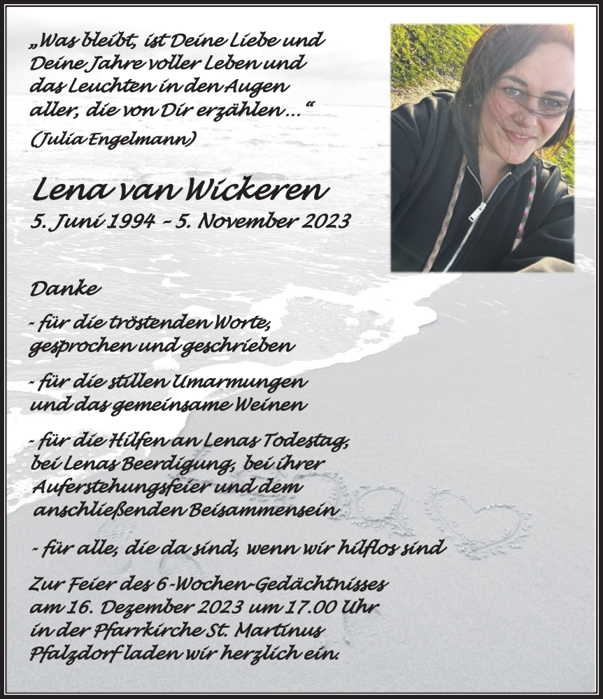  Traueranzeige für Lena van Wickeren vom 09.12.2023 aus NNA