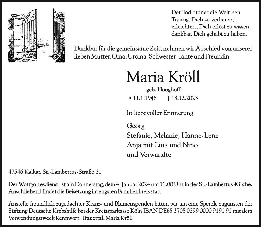  Traueranzeige für Maria Kröll vom 30.12.2023 aus NNA