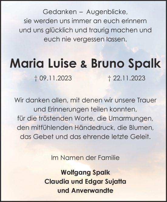 Traueranzeige von Maria Luise und  Bruno Spalk von NNA