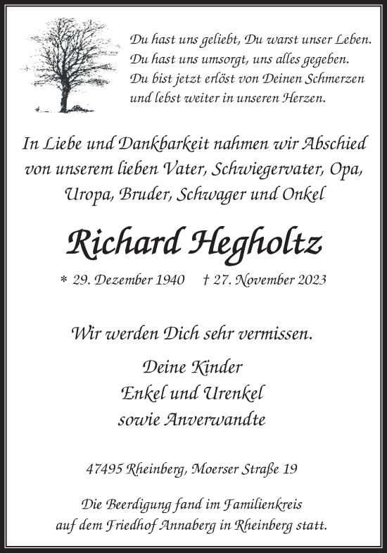 Traueranzeige von Richard Hegholtz von NNA