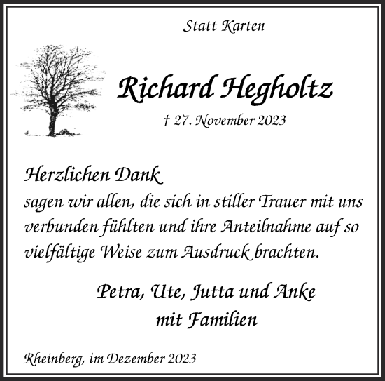 Traueranzeige von Richard Hegholtz von NNA