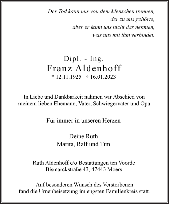 Traueranzeige von Franz Aldenhoff 