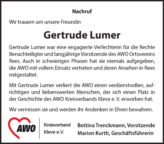 Traueranzeige von Gertrude Lumer 