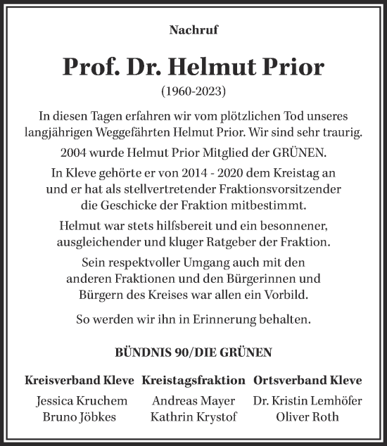 Traueranzeige von Helmut Prior 