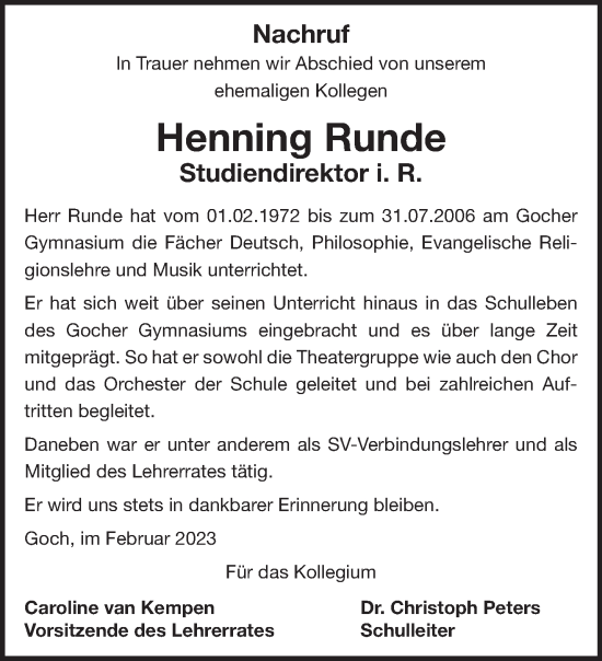 Traueranzeige von Henning Runde 