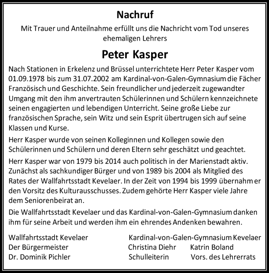 Traueranzeige von Peter Kasper 