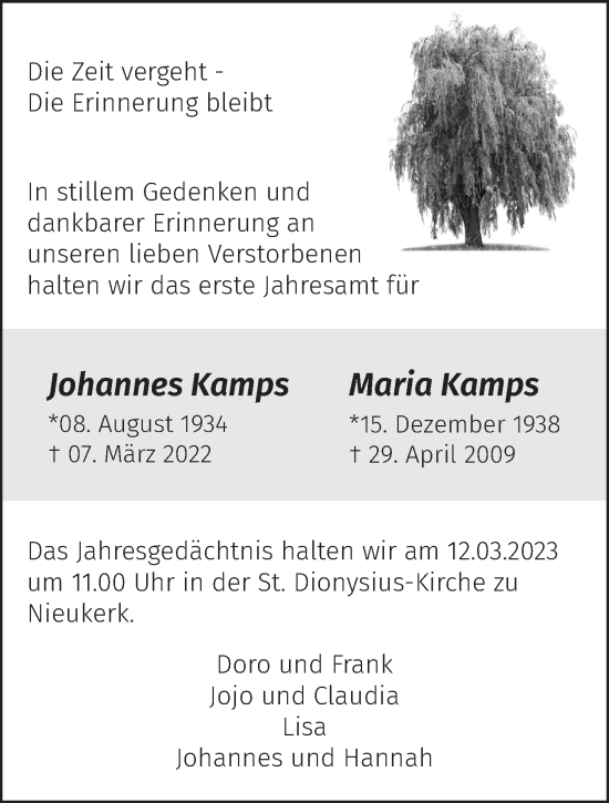 Traueranzeige von Johannes und Maria Kamps 