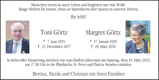 Traueranzeige von Toni und Margret Görtz 