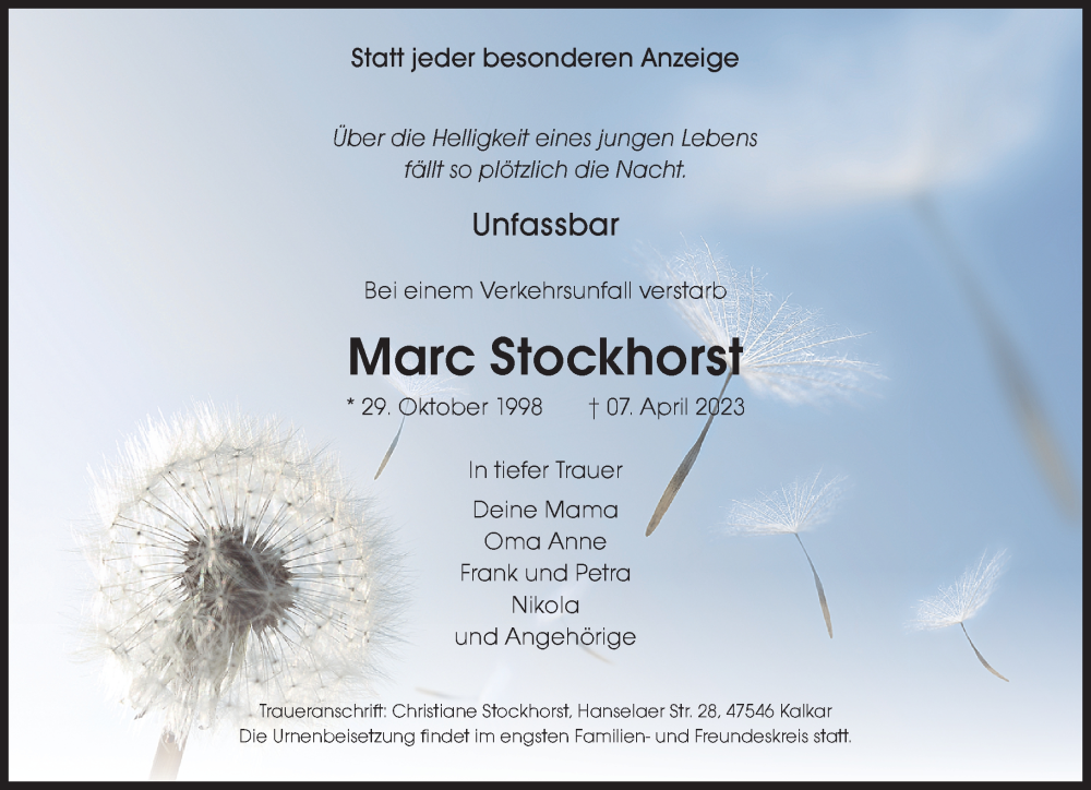  Traueranzeige für Marc Stockhorst vom 15.04.2023 aus 