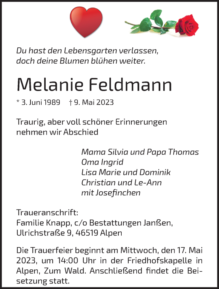 Traueranzeigen Von Melanie Feldmann Niederrhein Nachrichten Trauerportal