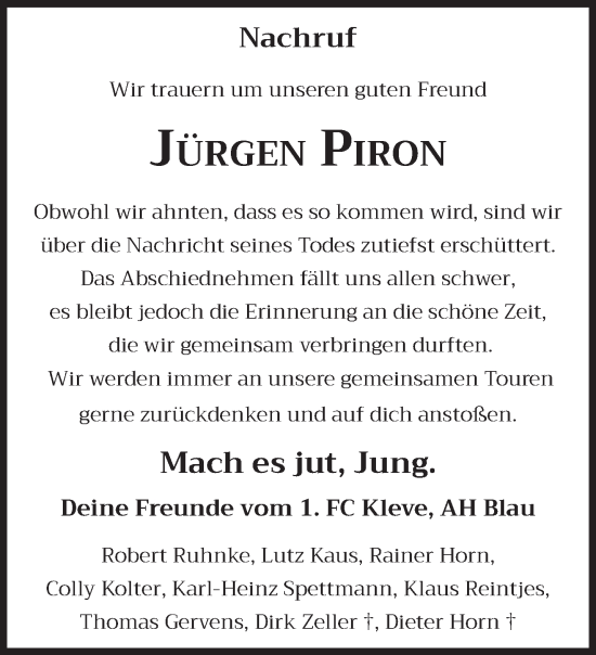 Traueranzeige von Jürgen Piron 