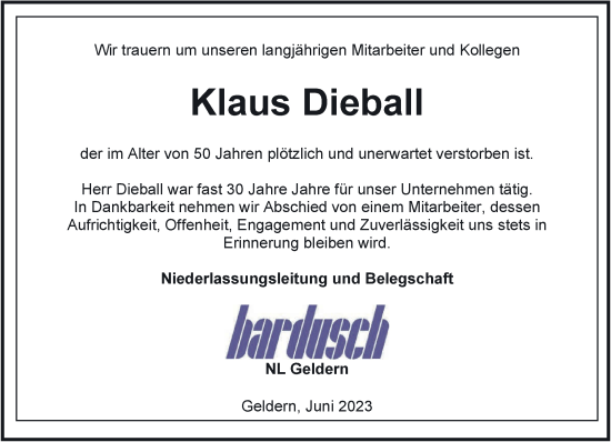 Traueranzeige von Klaus Dieball 