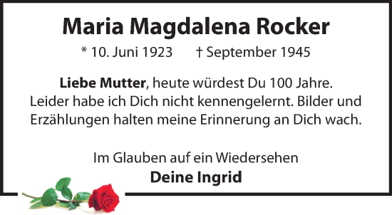 Traueranzeige von Maria Magdalena Rocker 