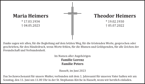 Traueranzeige von Maria und Theodor Heimers 