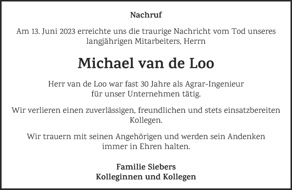  Traueranzeige für Michael van de Loo vom 24.06.2023 aus 