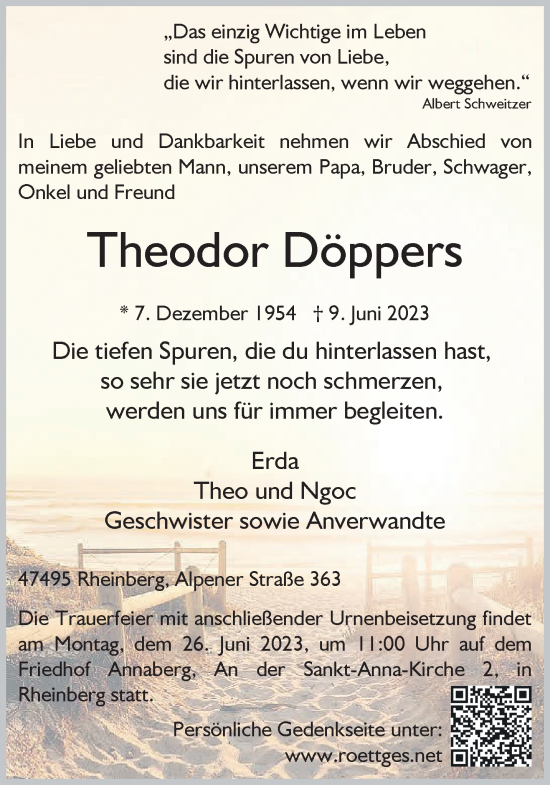 Traueranzeige von Theodor Döppers von NNA