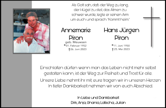 Traueranzeige von Annemarie und Hans Jürgen Piron von NNA