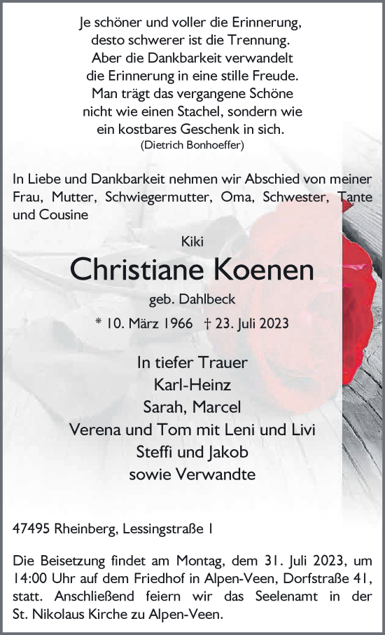 Traueranzeige von Christiane Koenen von NNA