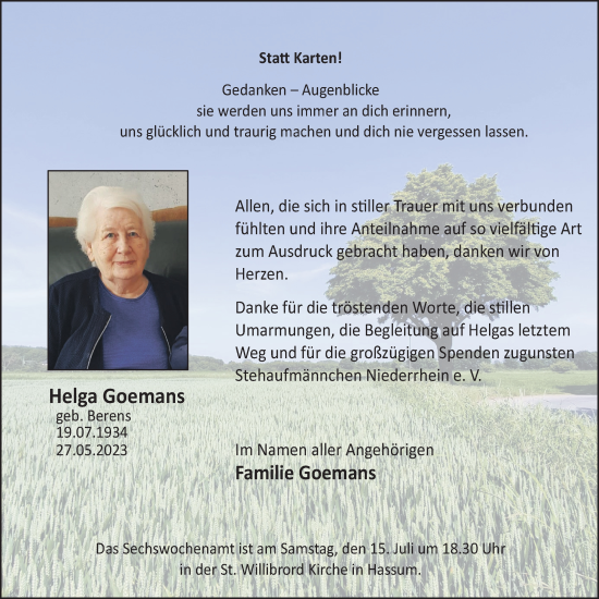 Traueranzeige von Helga Goemans von NNA