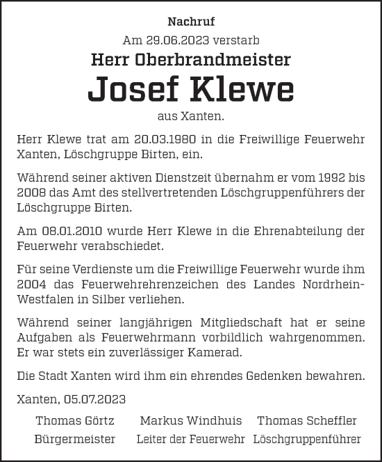 Traueranzeige von Josef Klewe von NNA