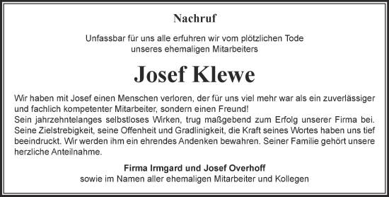 Traueranzeige von Josef Klewe von NNA