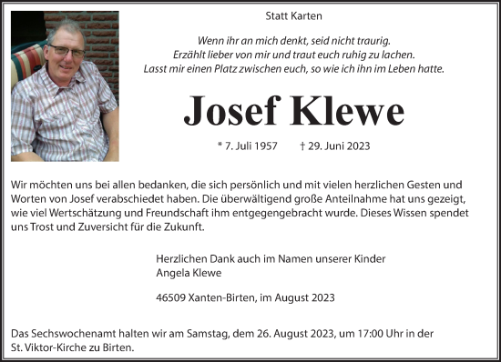 Traueranzeige von Josef Klewe von NNA