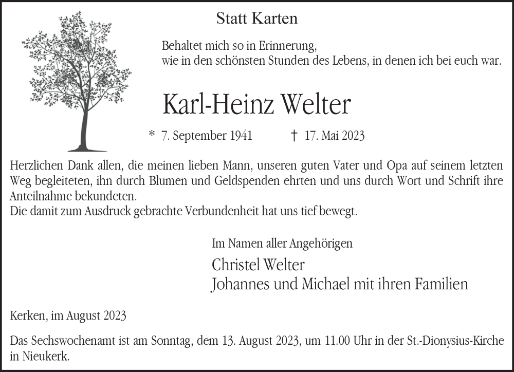 Traueranzeigen Von Karl-heinz Welter 