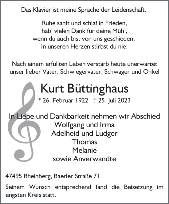 Traueranzeige von Kurt Büttinghaus von NNA