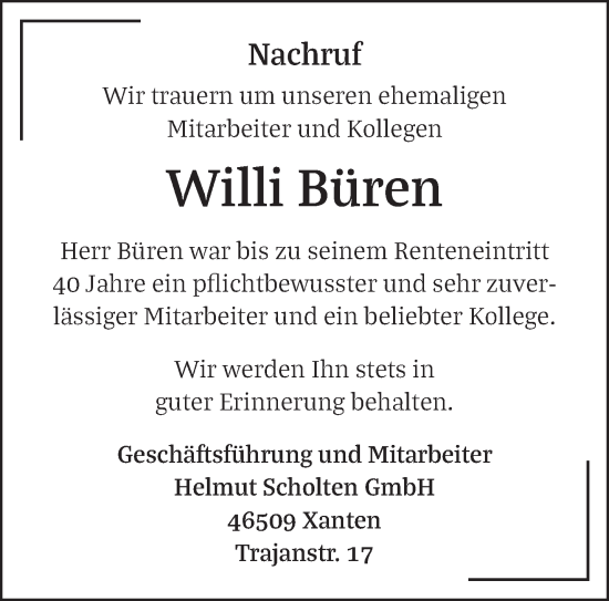 Traueranzeige von Willi Büren von NNA