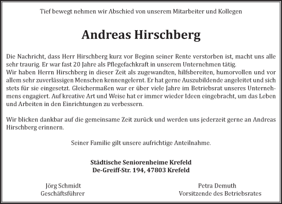 Traueranzeige von Andreas Hirschberg von NNA