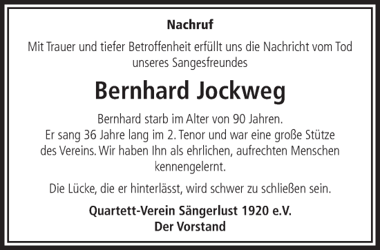 Traueranzeige von Bernhard Jockweg von NNA