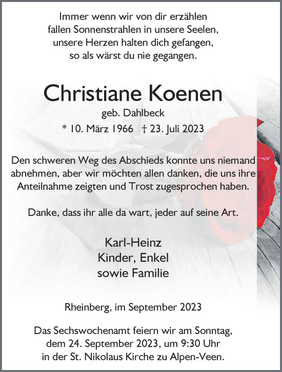 Traueranzeige von Christiane Koenen von NNA