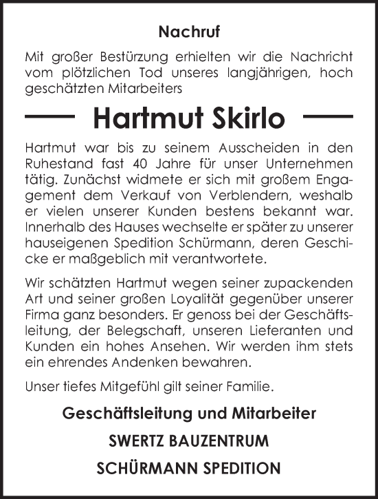 Traueranzeige von Hartmut Skirlo von NNA