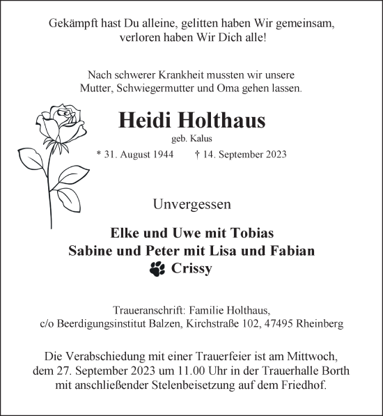 Traueranzeige von Heidi Holthaus von NNA