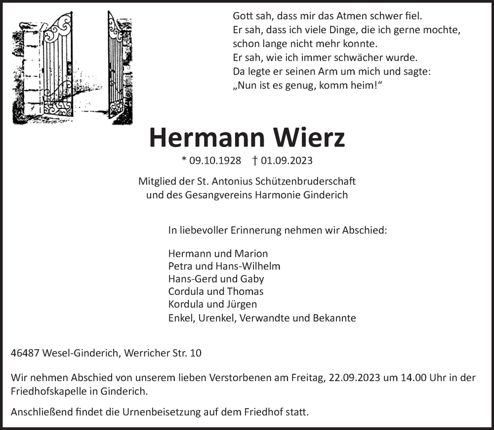  Traueranzeige für Hermann Wierz vom 13.09.2023 aus NNA