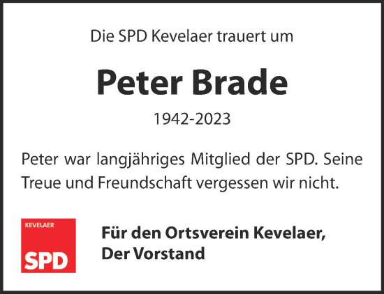 Traueranzeige von Peter Brade von NNA