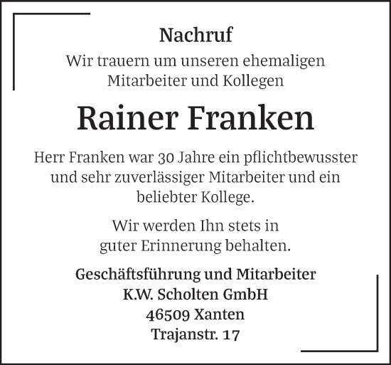 Traueranzeige von Rainer Franken von NNA