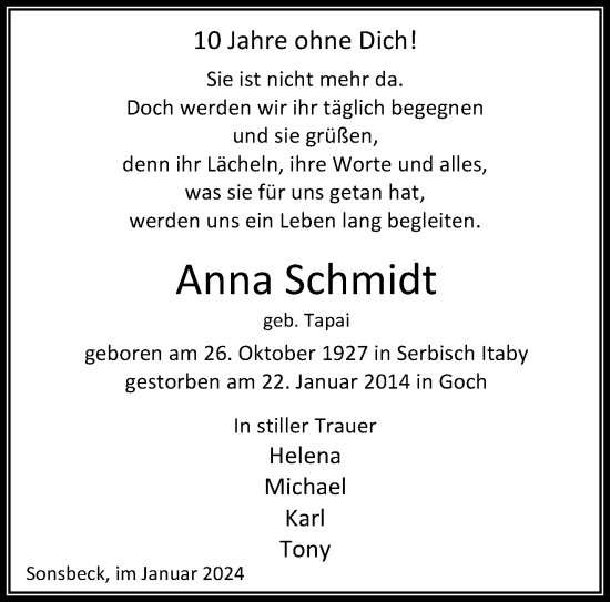 Traueranzeige von Anna Schmidt von NNA