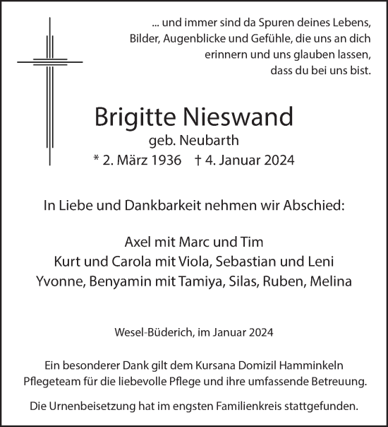 Traueranzeige von Brigitte Nieswand von NNA