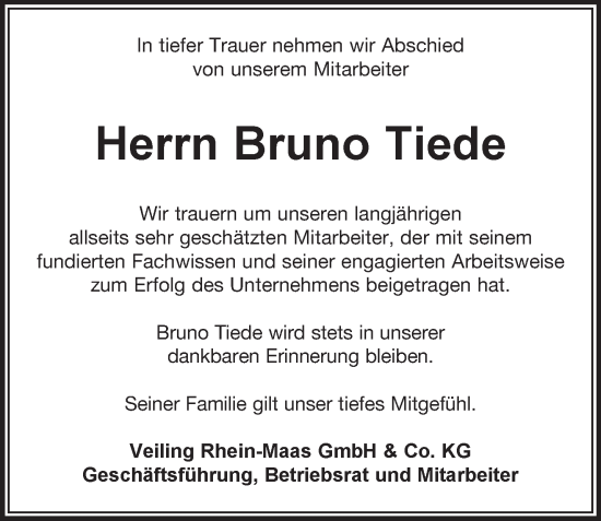 Traueranzeige von Bruno Tiede von NNA