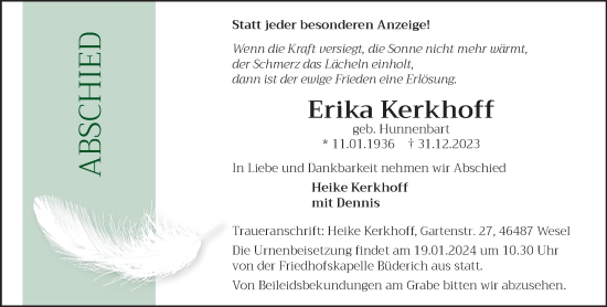 Traueranzeige von Erika Kerkhoff von NNA