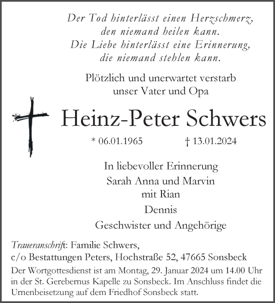 Traueranzeige von Heinz-Peter Schwers von NNA