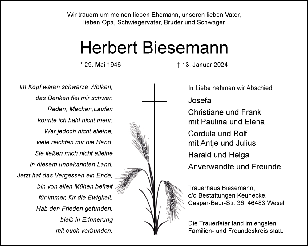  Traueranzeige für Herbert Biesemann vom 24.01.2024 aus NNA