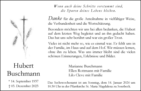 Traueranzeige von Hubert Buschmann von NNA