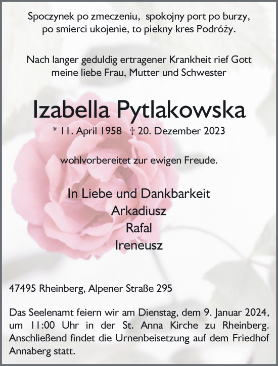 Traueranzeige von Izabella Pytlakowska von NNA