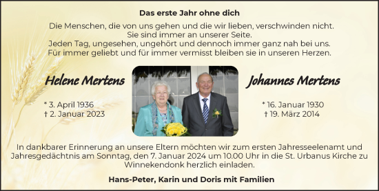 Traueranzeige von Johannes und Helene Mertens von NNA