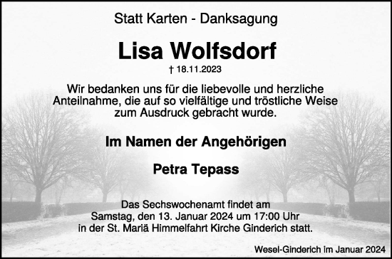 Traueranzeige von Lisa Wolfsdorf von NNA