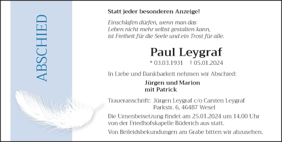 Traueranzeige von Paul Leygraf von NNA