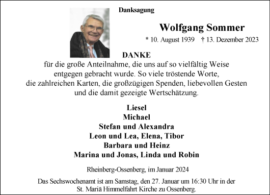 Traueranzeige von Wolfgang Sommer von NNA