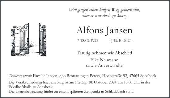 Traueranzeige von Alfons Jansen von NNA